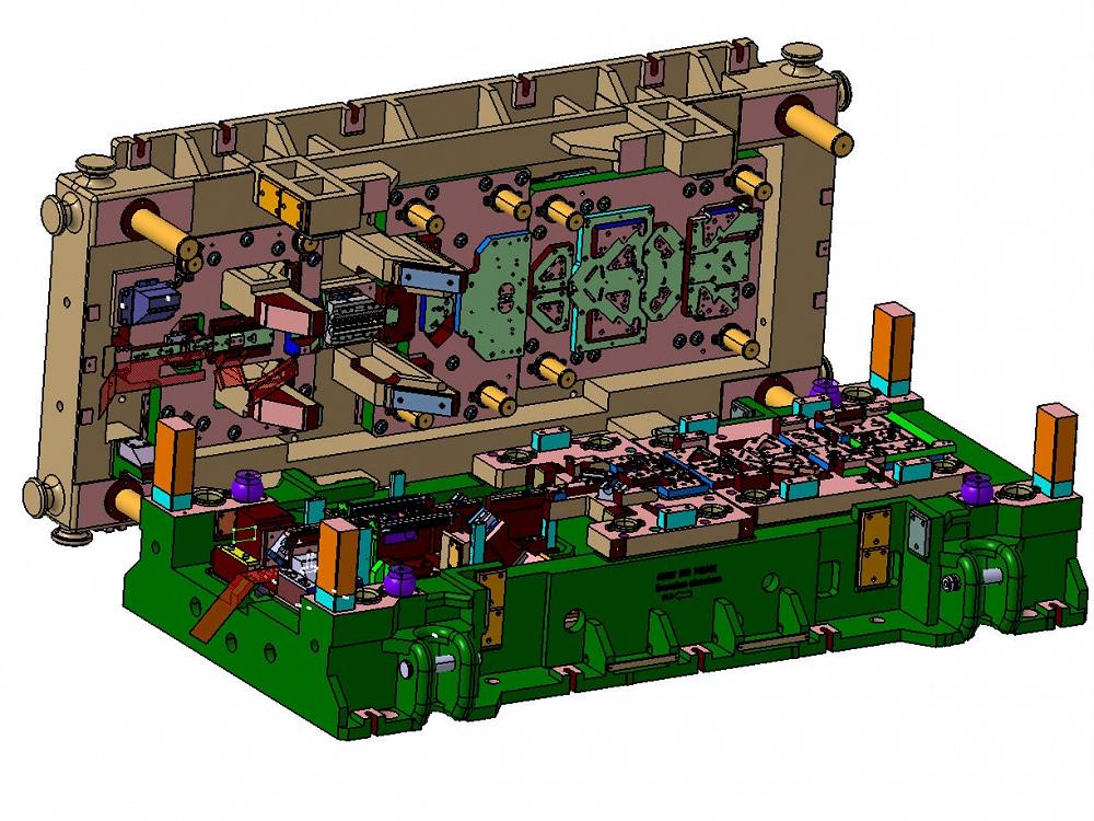 Detailed 3D CAD model of a progressive stamping tool used for multi-stage sheet metal forming